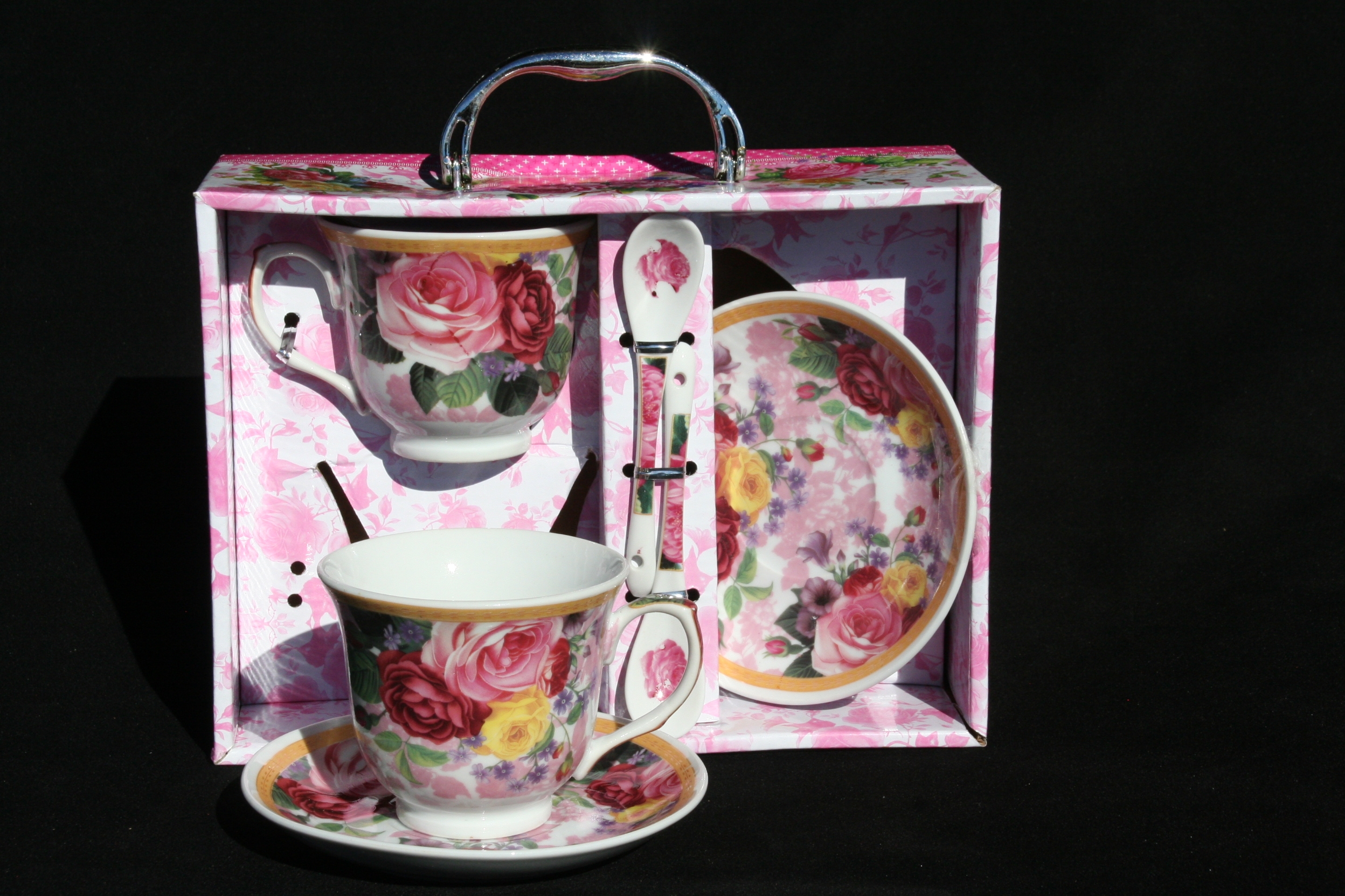Pink Bloom Cavalier 2 Cup/Saucer &Spoon Set